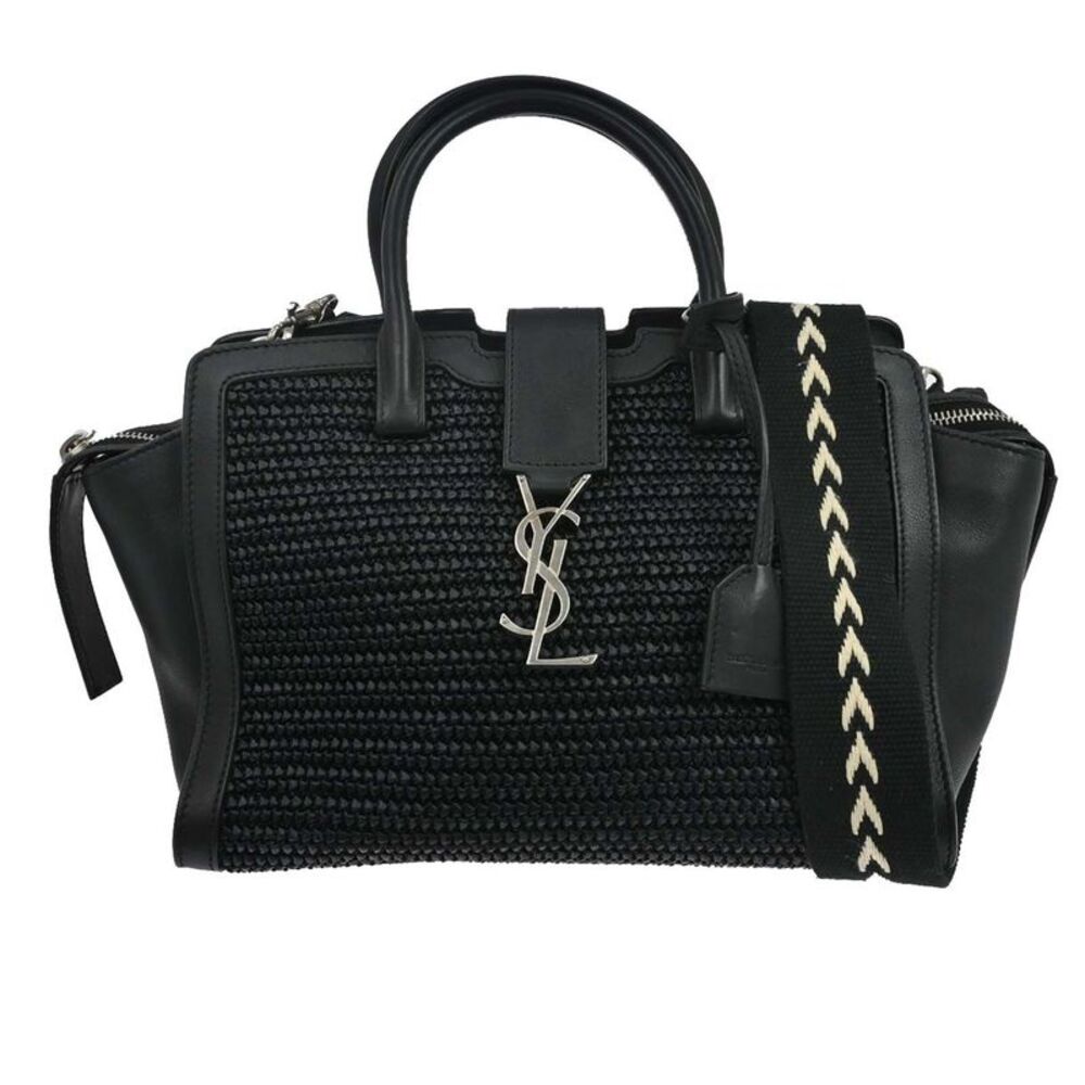 Saint Laurent Monogram Cabas Downtown Raffia And Leather Black Leather Tote Bag